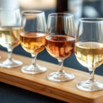 wine tasting flight featuring various varietals on wooden tray