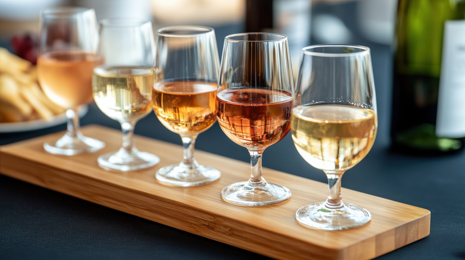 wine tasting flight featuring various varietals on wooden tray