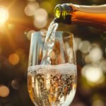 pouring sparkling wine into a glass with a golden sunset background
