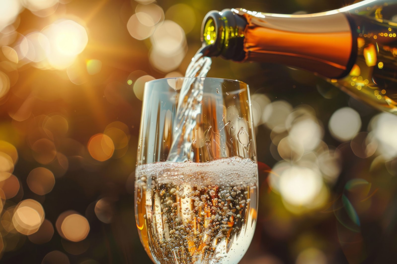 pouring sparkling wine into a glass with a golden sunset background