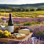 picnic in lavender field with wine, cheese, and grapes creates serene atmosphere