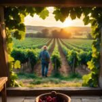 vineyard view with walking farmer, bottles, and grape basket