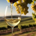 wine glass with pouring into it white wine on blurred background, vineyard landscape in sunny day. winemaking concept, tasting, grape production. banner with copy space.