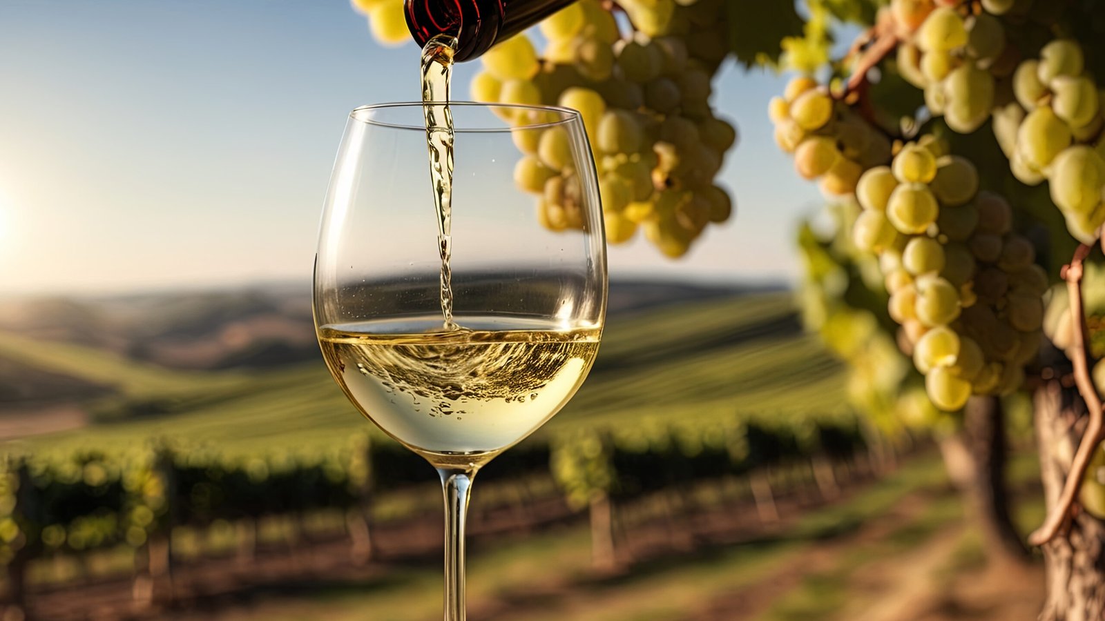 wine glass with pouring into it white wine on blurred background, vineyard landscape in sunny day. winemaking concept, tasting, grape production. banner with copy space.